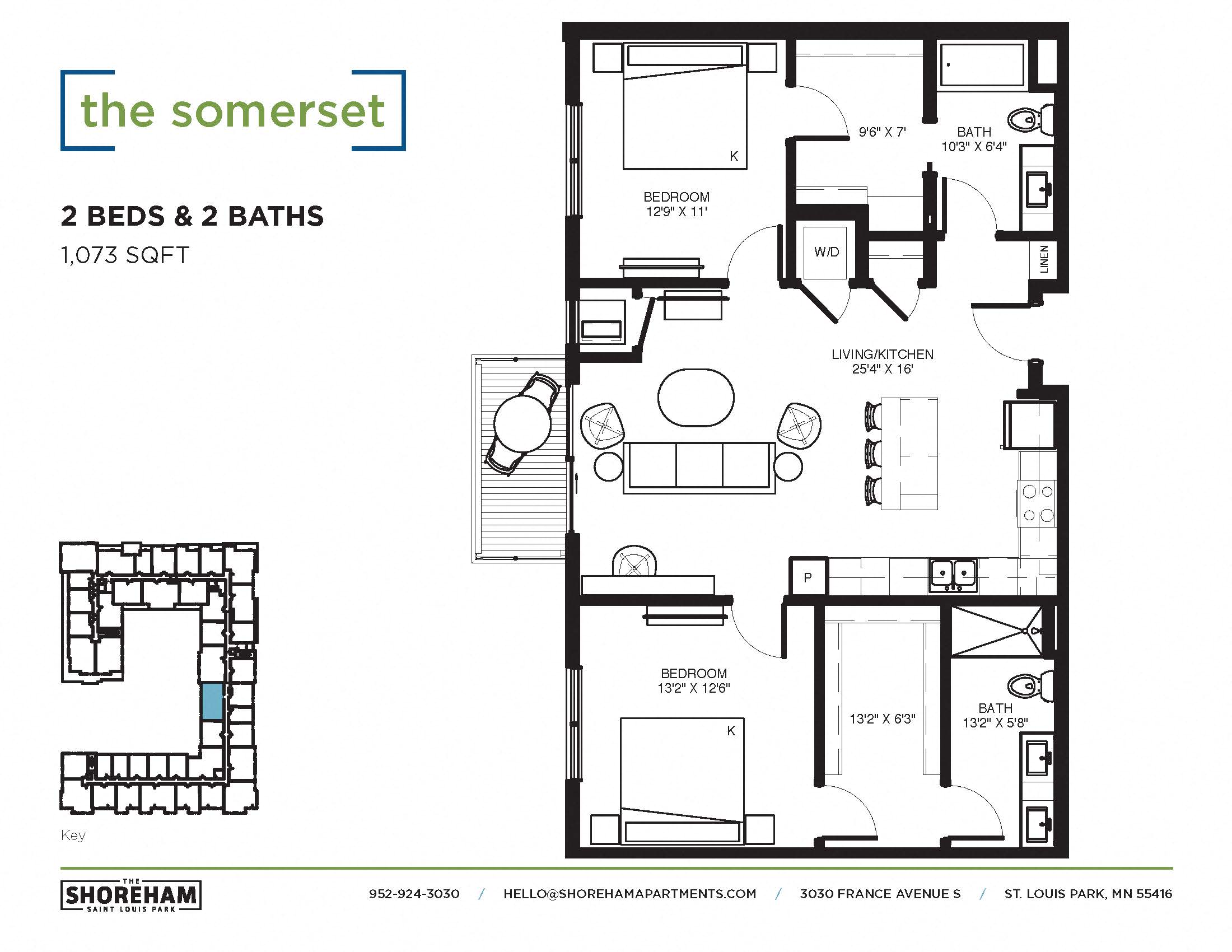 Floor plan for 2 beds, 2 baths, 1073 sqft